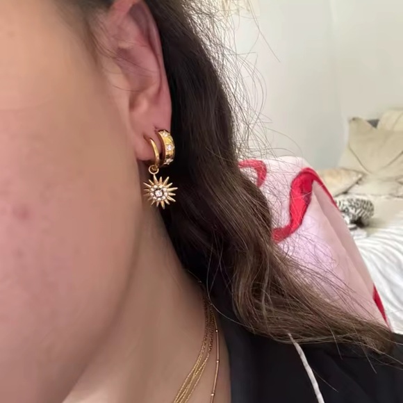 Sunburst Stainless Silver Waterproof Hoop Earrings - Picture 5 of 12